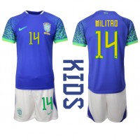 Otroški Nogometni dresi Brazilija Eder Militao #14 Gostujoči SP 2022 Kratek Rokav (+ Kratke hlače)